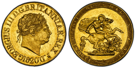 1086451 GREAT BRITAIN. George III. (King, 1760-1820). 1820 AV Sovereign. PCGS MS62.  GEORGIUS III D.F. BRITANNIAR. REX F.D. Laureate head right / St. George slaying the dragon right. KM 674; SCBC-3785C; Fr.- 371.

Large date, open 2 variety.

Plea...