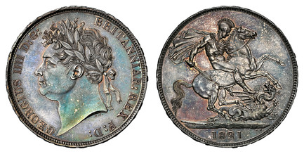 1085414 GREAT BRITAIN. George IV. (King, 1820-1830). 1821 AR Crown. NGC Unc Details.  Edge: SECUNDO. 28.15gm. GEORGIUS IIII D:G: BRITANNIAR: REX F:D:. Laureate head left / St. George slaying dragon right. KM 680.1; SCBC-3805; ESC-2310; Dav.-104.

...