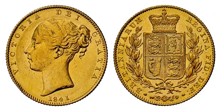 1086452 GREAT BRITAIN. Victoria. (Queen, 1837-1901). 1841 AV Sovereign. NGC AU55.  Edge: Reeded. VICTORIA DEI GRATIA. Head left / BRITANNIARUM REGINA FID: DEF:. Without die number. KM 736.1; SCBC-3852; Marsh 24; Fr.-387.

Extremely rare date, the ...