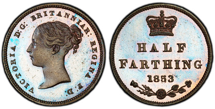 1086597 GREAT BRITAIN. Victoria. (Queen, 1837-1901). 1853 CU Half-Farthing. PCGS PR66BN (Brown).  16.8mm. VICTORIA D: G: BRITANNIAR: REGINA F: D:. Head left / Crown above denomination and date, spray below. KM 738. Proof; SCBC-3951.

Although the ...