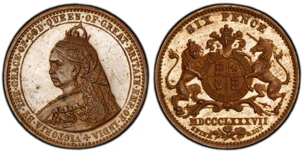 1084659 GREAT BRITAIN. Victoria. (Queen, 1837-1901). MDCCCLXXXVII (1887) CU Pattern Sixpence. PCGS SP64BN (Brown).  By Joseph Rochelle Thomas with Spink & Son. Edge: MADE IN BAVARIA (incuse lettering). 2.63gm. +VICTORIA. BY. THE. GRACE. OF. GOD. Q...