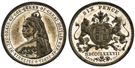 1084660 GREAT BRITAIN. Victoria. (Queen, 1837-1901). MDCCCLXXXVII (1887) Tin Pattern Sixpence. PCGS PR62.  By Joseph Rochelle Thomas with Spink & Son. Edge: Plain. 2.11gm.  +VICTORIA. BY. THE. GRACE. OF. GOD. QUEEN. OF. GREAT. BRITAIN. EMP: OF. IN...