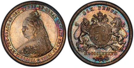 1084663 GREAT BRITAIN. Victoria. (Queen, 1837-1901). MDCCCLXXXVII (1887) AR Pattern Sixpence. PCGS PR65.  By Joseph Rochelle Thomas with Spink & Son. Edge: Reeded. +VICTORIA. BY. THE. GRACE. OF. GOD. QUEEN. OF. GREAT. BRITAIN. EMP: OF. INDIA. Crow...