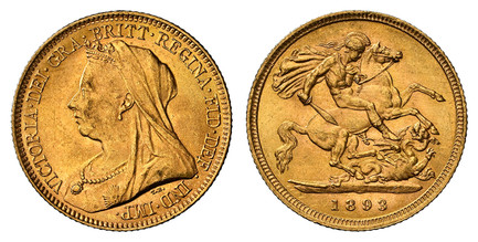 1085281 GREAT BRITAIN. Victoria. (Queen, 1837-1901). 1893 AV Half Sovereign. NGC MS64.  VICTORIA • DEI • GRA • BRITT • REGINA • FID • DEF • IND • IMP •. Mature draped bust left / St. George slaying the dragon right. KM 784; SCBC-3878 .

Please use...