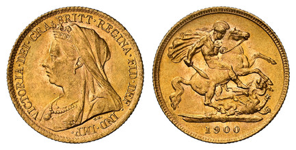 1085282 GREAT BRITAIN. Victoria. (Queen, 1837-1901). 1900 AV Half-Sovereign. NGC MS64.  VICTORIA · DEI · GRA · BRITT · REGINA · FID · DEF · IND · IMP ·. Mature draped bust left / St. George slaying the dragon right. KM 784; SCBC-3878; Fr.-397 .

P...