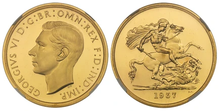 1084755 GREAT BRITAIN. George VI. (King, 1936-1952). 1937 AV Five Pounds. NGC PR65UCAM (Ultra Cameo).  Head left / St. George slaying the dragon. KM 861; SCBC-4074; EGC-1454; Hill F40; L&S 1; W&R 435; Schneider II, 670.

Please use this link to ve...
