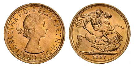 1085579 GREAT BRITAIN. Elizabeth II. (Queen, 1952-2022). 1957 AV Sovereign. NGC MS64.  Laureate bust right / St. George slaying the dragon. KM 908; SCBC-4124; Marsh 297.

Please use this link to verify the NGC certification number <a href="https:/...