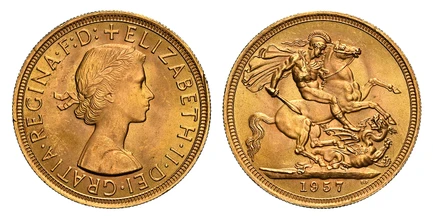 1085581 GREAT BRITAIN. Elizabeth II. (Queen, 1952-2022). 1957 AV Sovereign. NGC MS65.  Laureate bust right / St. George slaying the dragon. KM 908; SCBC-4124; Marsh 297.

Please use this link to verify the NGC certification number <a href="https:/...