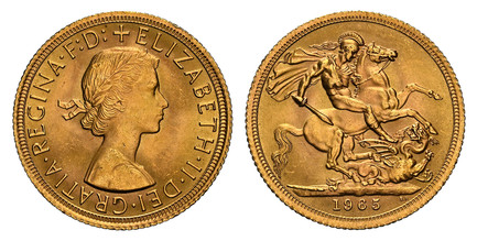 1085612 GREAT BRITAIN. Elizabeth II. (Queen, 1952-2022). 1965 AV Sovereign. NGC MS65.  Laureate bust right / St. George slaying the dragon. KM 908; SCBC-4125; Marsh 303.

Please use this link to verify the NGC certification number <a href="https:/...