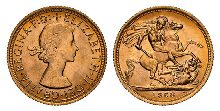 1085625 GREAT BRITAIN. Elizabeth II. (Queen, 1952-2022). 1968 AV Sovereign. NGC MS64.  Laureate bust right / St. George slaying the dragon. KM 908; SCBC-4125; Marsh 306.

Please use this link to verify the NGC certification number <a href="https:/...