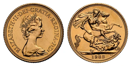1085636 GREAT BRITAIN. Elizabeth II. (Queen, 1952-2022). 1982 AV Sovereign. NGC MS65.  Arnold Machin. Young bust right / St. George slaying the dragon. KM 919; SCBC-SC1.

Please use this link to verify the NGC certification number <a href="https:/...