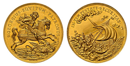 1085694 HUNGARY. Kremnitz. c.1820 (ND) AV Medal of 7 Ducats Weight. NGC MS68 Restrike.  By Karl Wilhelm Becker (1771-1830). 44mm. 24.20gm. S:GEORGIUS • EQVITUM • PATRONUS. St. George slaying the dragon, right; signed below / IN • TEMPESTATE • SECU...