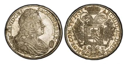 1085346 HUNGARY. Karl VI. 1731-KB AR Thaler. PCGS MS61.  CAR: VI · D: G: R: I: - S: A: G: HI: H: B: REX:. Armored laureate bust right / ARCHID: AU: D: BU: M:... Arms within Order chain on eagle's breast. KM 310.1; Dav.-1060.

Please use this link ...