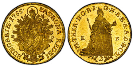 1085031 HUNGARY. Maria Theresia. (Holy Roman Empress, 1740-1780) . 1765-KB KB/KD AV 2 Ducats. PCGS MS62PL (Prooflike).  Kormoczbanya. 6.98gm. M · THER · D: G · R · I · -  G · H · B · R · A · A · D · B · C · T ·. Standing woman / PATRONA · REGNI · ...