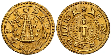 1086109 INDIA-BRITISH. Madras Presidency. (1808-15) AV Pagoda. NGC MS65.  Edge: Vertical milling. 17.4mm. 2.98gm. PAGODA. Value in English and Persian on buckled garter around Gopuram / Value in Tamil and Telugu on ribbon around deity Vishnu. KM 3...