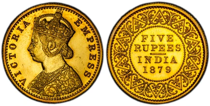 1086579 INDIA-BRITISH. Victoria. (Queen, 1837-1901). 1879-(b) AV Restrike 5 Rupees. PCGS PR64.  Bombay. Edge: Reeded. VICTORIA EMPRESS. Crowned bust left / Value and date within beaded circle and wreath. KM 493.1; Pridmore 45; S&W-6.26.

Please us...