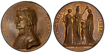 1085396 ITALIAN STATES. Cisalpine Republic. 1797 Bronze Medal. PCGS SP64BN (Brown).  Dies by G. Vasallo and J. Salvirck (Unsigned). 34.8mm. 20.52gm. Uniformed bust of Napoleon with long hair, left / Allegorical figure of Pax standing with a palm b...
