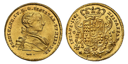 1083542 ITALIAN STATES. Naples. Ferdinando IV. 1766 DeG//CC-R AV 6 Ducati. NGC MS65.  8.85gm. FERDINAN(D) · IV · D · G · SICILIAR · ET HIER · REX ·. Youthful bust to right / HISPANIAR · - INFANS ·. Crowned ornate shield of 6-fold arms, with centra...