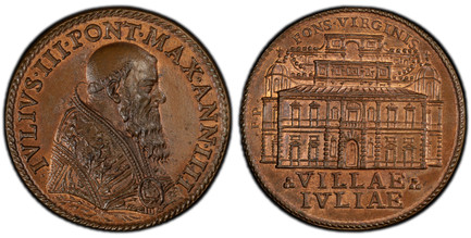 1086283 ITALIAN STATES. Papal States. Julius III. (Pontiff, 1550-1555). Anno IV (1553-54) AE Medal. PCGS MS65BN (Brown).  Bust wearing papal regalia, right / FONS • VIRGINIS / P.P.÷ VILLAE/ IVLIAE. Villa façade. Lincoln 530.

For the papal residen...