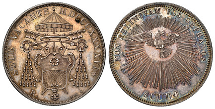 1084931 ITALIAN STATES. Papal States. MDCCCXXXXVI (1846)-R AR Scudo. NGC MS62.  Rome. 26.870999999999899gm. SEDE VACANTE... Cardinal arms / NON RELINQVAM... Radiant dove above value. KM 1335; MIR 3114/1' Muntoni 2; Berman 3295.

Sede Vacante issue...