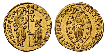 1084877 ITALIAN STATES. Venice. Alvise Mocenigo IV. (1763-78) AV Zecchino. NGC MS66.  3.48gm. ALOY. MOCEN. - S. M. VENET. St. Mark standing at left presenting staff with cross and DVX vertically at top to doge kneeling at right / SIT. T. XPE. DAT....