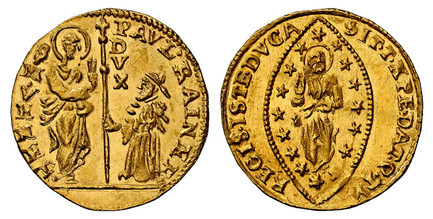 1084879 ITALIAN STATES. Venice. Paolo Renier. (Doge, 1779-1789). (1779-80) ND AR Zecchino. NGC MS67.  20.5mm. 3.41gm. PAVL. RAINER - S. M. VENET./ DVX. Doge kneeling before standing St .Mark / SIT. T. XPE. DAT. Q. TV - REGIS. ISTE. DVCA. Christ wi...