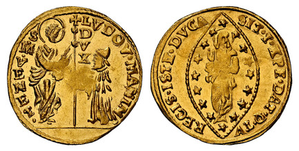 1084883 ITALIAN STATES. Venice. Lodovico Manin. (1789-97) AV Zecchino. NGC MS65.  21mm. 3.48gm. LVDOV. MANIN. - S. M. VENET./ DVX. St. Mark standing at left presenting staff with cross and DVX vertically at top to doge kneeling at right / SIT. T. ...