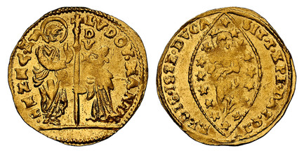 1084884 ITALIAN STATES. Venice. Lodovico Manin. (1789-97) AV Zecchino. NGC MS64.  21mm. 3.52gm. LVDOV. MANIN. - S. M. VENET./ DVX. St. Mark standing at left presenting staff with cross and DVX vertically at top to doge kneeling at right / SIT. T. ...