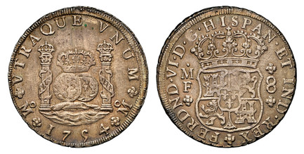 1086582 MEXICO. Ferdinand VI. 1754-Mo MF AR 8 Reales. NGC MS62.  Mexico City. FERDND · VI · D · G · HISPAN · ET  IND · REX. Crowned shield flanked by M M 8 / ...VNUM M. Imperial crown on left pillar. KM 104.1; Calico 482.

Please use this link to ...
