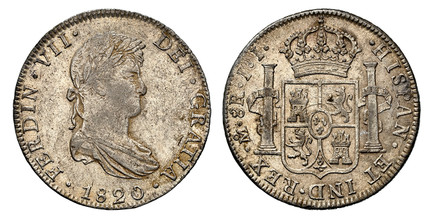 1085855 MEXICO. Ferdinand VII. 1820-Mo JJ AR 8 Reales. NGC AU55.  Mexico City. FERDIN · VII... Draped laureate bust right / IND · REX... Crowned shield flanked by pillars. KM 111.

Please use this link to verify the NGC certification number <a hre...