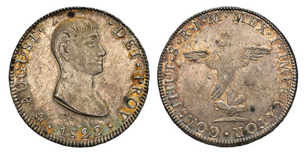 1084886 MEXICO. Augustin I Iturbide. 1822-Mo JM AR 8 Reales. NGC AU53.  Mexico City. 39.5mm. 27.01gm. AUGUST. – .DEI. PROV. Head right / MEX. I. IMPERATOR. CONSTITUT. 8. R. Crowned eagle. KM 304.

Please use this link to verify the NGC certificati...