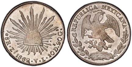 1086354 MEXICO. 1862-Zs VL AR 8 Reales. PCGS MS62.  Zacatecas. REPUBLICA MEXICANA. Facing eagle, snake in beak / Radiant cap. KM 377.12.

Please use this link to verify the PCGS certification number <a href="http://www.pcgs.com/cert/61884743/">618...