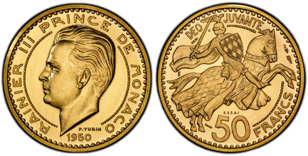 1085155 MONACO. Rainier III. (Prince, 1949-2005). 1950 AV Essai Piéfort 50 Francs. PCGS SP65.  By P. Turin. Paris. 27mm. 41.03gm. RAINIER III PRINCE DE MONACO. Head left divides circle / DEO - JUVANTE / 50 FRANCS. Armored knight mounted and holdin...