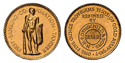 1085289 MOROCCO. Mohammed V. (1954) ND AV 500 Dirhams. NGC MS64.  Edge: Milled. FIRST · BANKING · CO - PORATION · TANGIER. Hercules standing, facing 3/4 right, holding club and hide / ONE FINE OUNCE TROY (GRAMS 31.103) OF GOLD ASSAY 916.7 ·// REFI...