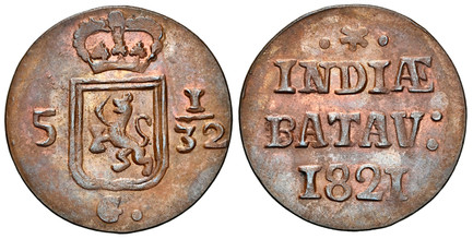 1085769 NETHERLANDS EAST INDIES. Sumatra, Island Of. 1821-(•*•) CU 1/2 Duit. NGC MS64BN (Brown).  Surabaya. Crowned States General arms with double lines divide value, 5 - 1/32, G. below / INDIAE / BATAV. Inscription, date below. KM 280.2; Scholte...