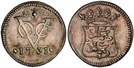 1085108 NETHERLANDS EAST INDIES. 1731-(turnip) Jan Knol (Mintmaster) AR Duit. PCGS SP62.  Hoorn mint. Edge: Plain. 3.12gm. Simple crown above baroque curved shield of West Friesland. KM 134; Scholten 259; Passon 15.10.

Special presentation strike...