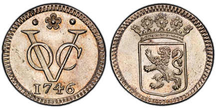 1085103 NETHERLANDS EAST INDIES. 1746-(rose) Otto Buck (Mintmaster) AR Duit. PCGS SP64.  Dordrecht. 3.22gm. Crowned Holland arms / VOC monogram, date below. KM 70a; Scholten 125; Passon 12.2.

Special presentation strikes produced by the mintmaste...