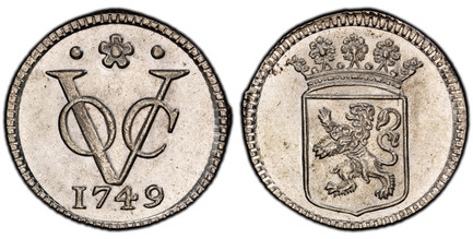 1085104 NETHERLANDS EAST INDIES. 1749/7-(rose) Otto Buck (Mintmaster) AR Duit. PCGS SP64.  Dordrecht. 3.39gm. Crowned Holland arms / VOC monogram, date below. KM 70a; Scholten 128; Passon 12.2.

Special presentation strikes produced by the mintmas...