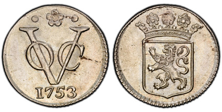 1085105 NETHERLANDS EAST INDIES. 1753-(rose) Otto Buck (Mintmaster) AR Duit. PCGS SP62.  Dordrecht. 3.20gm. Crowned Holland arms / VOC monogram, date below. KM 70a; Scholten 132; Passon 12.2.

Special presentation strikes produced by the mintmaste...
