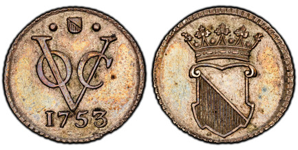 1085761 NETHERLANDS EAST INDIES. 1753 AR 1/2 Duit. PCGS SP61.  Utrecht. Edge: Reeded. 1.48gm. Crowned Utrecht arms with flat shield top / VOC monogram, date below. KM 112.1a; Scho.-396; Passon 14.9.

Please use this link to verify the PCGS certifi...