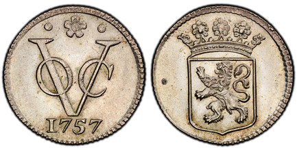 1085106 NETHERLANDS EAST INDIES. 1757-(rose) Wouter Buck (Mintmaster) AR Duit. PCGS SP64.  Dordrecht. 3.22gm. Crowned Holland arms / VOC monogram, date below. KM 70a; Scholten 136; Passon 12.2.

Special presentation strikes produced by the mintmas...