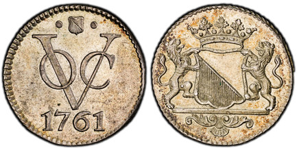 1085109 NETHERLANDS EAST INDIES. 1761-(shield) Johan Ernst Novisadi (Mintmaster) AR Duit. PCGS SP62.  Utrecht. Edge: Milled. 3.57gm. Crowned Utrecht arms with lion supporters / VOC monogram, date below. KM 111.1a. Rare; Scholten 328; Passon 14.5.
...