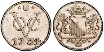 1085110 NETHERLANDS EAST INDIES. 1764-(shield) Johan Ernst Novisadi (Mintmaster) AR Duit. PCGS SP63.  Utrecht. Edge: Milled. 3.73gm. Crowned Utrecht arms with lion supporters / VOC monogram, date below. KM 111.1a; Scholten 331; Passon 14.6.

Speci...
