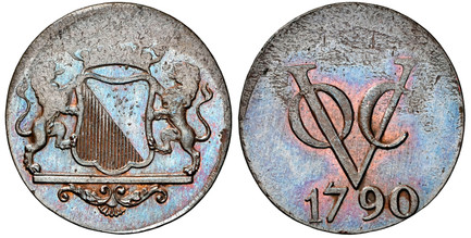 1085116 NETHERLANDS EAST INDIES. 1790-(star) C. H. Willmans (Mintmaster) CU 1/2 Duit. NGC MS63BN (Brown).  Surabaya and Batavia. 1.52gm. Crowned Utrecht arms with lion supporters / VOC monogram, date below. KM 112.3. Rare. Struck in 1842 using old...