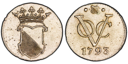 1085111 NETHERLANDS EAST INDIES. 1793-(shield) Maximilianus Mahne (Mintmaster) AR 1/2 Duit. PCGS SP63.  Utrecht. Edge: Milled. 1.51gm. Crowned Utrecht arms with flat shield top / VOC monogram, date below. KM 112.1a; Scholten 418; Passon 14.9.

Spe...