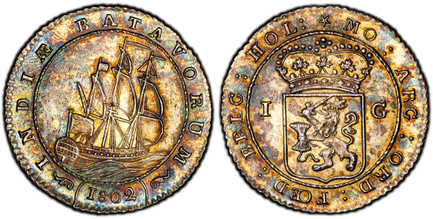 1085115 NETHERLANDS EAST INDIES. Batavian Republic. (1799-1806). 1802-(star) Hessel Slijper(Mintmaster) AR Gulden. PCGS MS64.  Enkhuizen mint. Edge: Milled. 10.37gm. INDIAE BATAVORUM. Early ship sailing / MO · ARG · ORD · FOED · BELG · HOL ·. Crow...