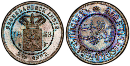 1085118 NETHERLANDS EAST INDIES. 1856-(sword/caduceus) H. L. A. van den Wall Bake (Mintmaster) CU 2-1/2 Cents. PCGS MS65BN (Brown).  Utrecht. Edge: Plain. 12.58gm. NEDERLANDSCH INDIE. Crowned Dutch arms divide date / Value in Javanese and Malayan ...