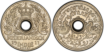 1085120 NETHERLANDS EAST INDIES. Wilhelmina I. (Queen, 1890-1948). 1911 Nickel Pattern 5 Cents. PCGS SP66.  4.95gm. NEDERLANDSCH INDIE. Crown above center hole; divides 5 – C to either side and with PROEFunder INDIE / Inscriptions in Javanese and ...