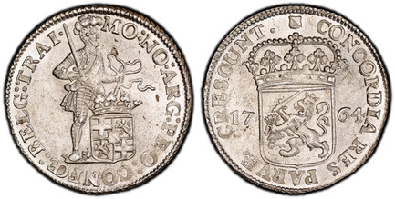 1085995 NETHERLANDS. Utrecht. 1764 AR Silver Ducat, 48 Stuiver. PCGS MS64.  Edge: Cable. 41.5mm. 28.20gm. MO : NO : ARG : PRO : CONFOE : BELG : TRAI ·. Standing armored knight with crowned shield at feet / CONCORDIA RES PARVÆ ... Crowned arms of U...