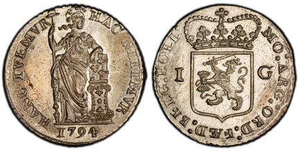 1085788 NETHERLANDS. Utrecht. 1794 AR Gulden. PCGS MS63.  Edge: Reeded. 10.57gm. MO : ARG : ORD : FOED : ... Crowned arms of Utrecht divide value / HANCTVEMVR HAC NITIMVR. Standing figure leaning on column with cap on pole, date below. KM 102.3; D...